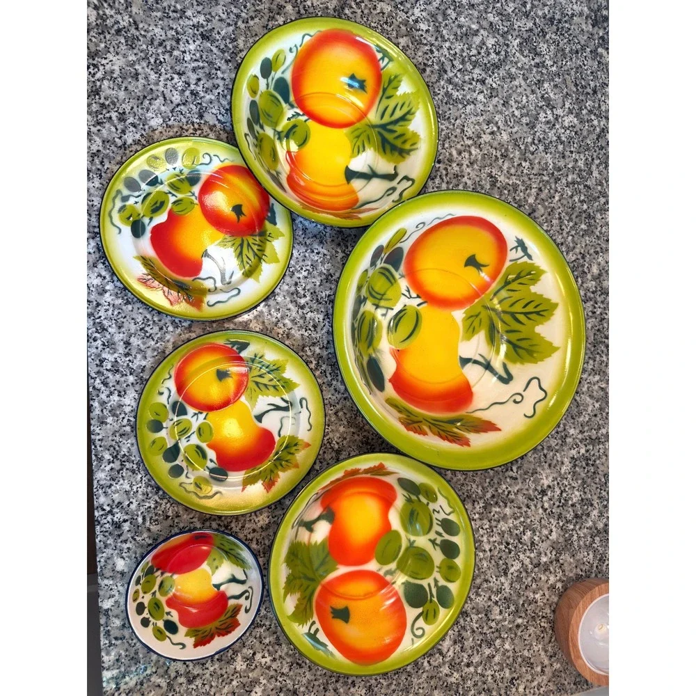 Vintage Mid Century Enamelware Fruit Dish Set of 6 Fall Kitchen Decor